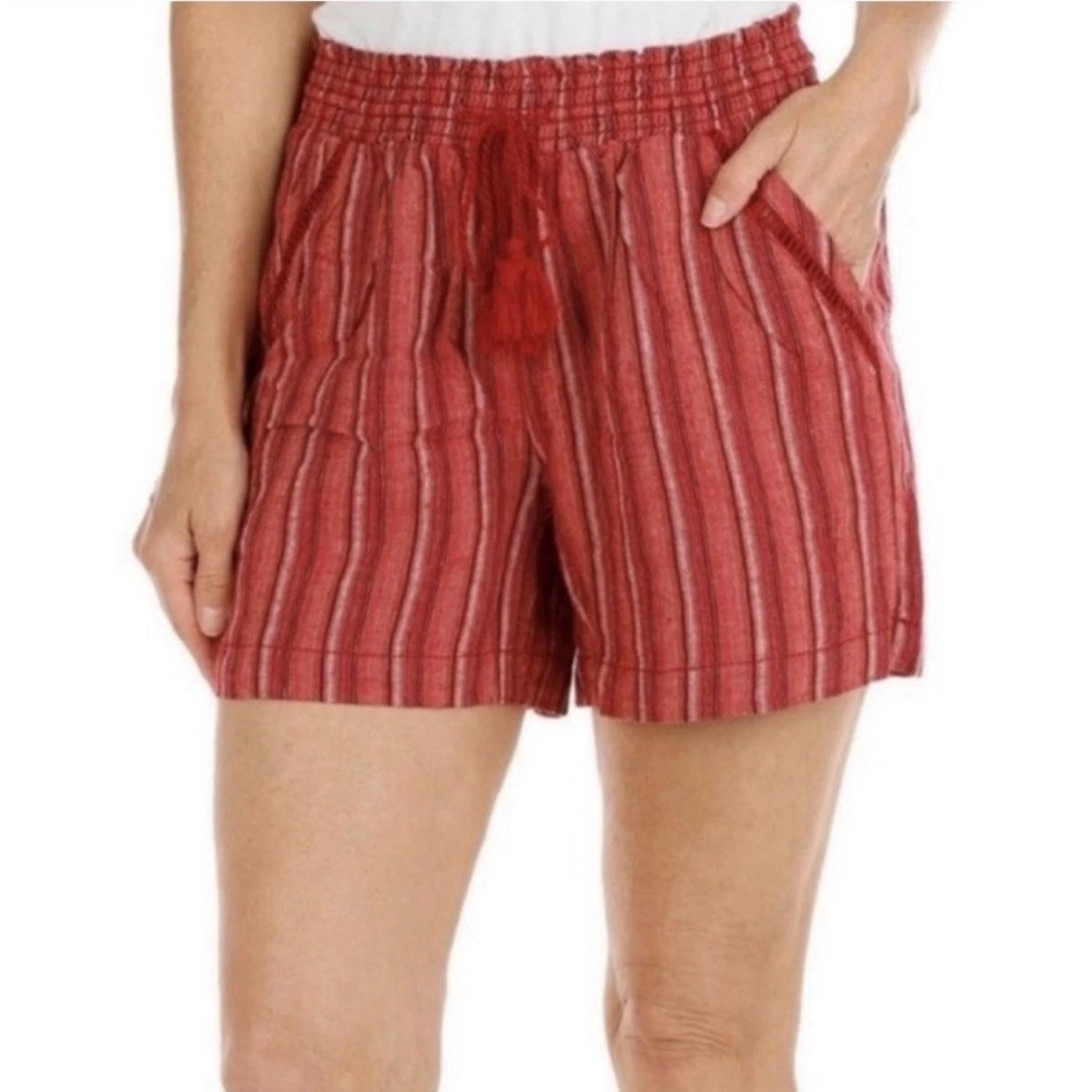 Coastal Bohemian‎ Pull On Shorts Smocked Waist Red-Pink Stripe Woven